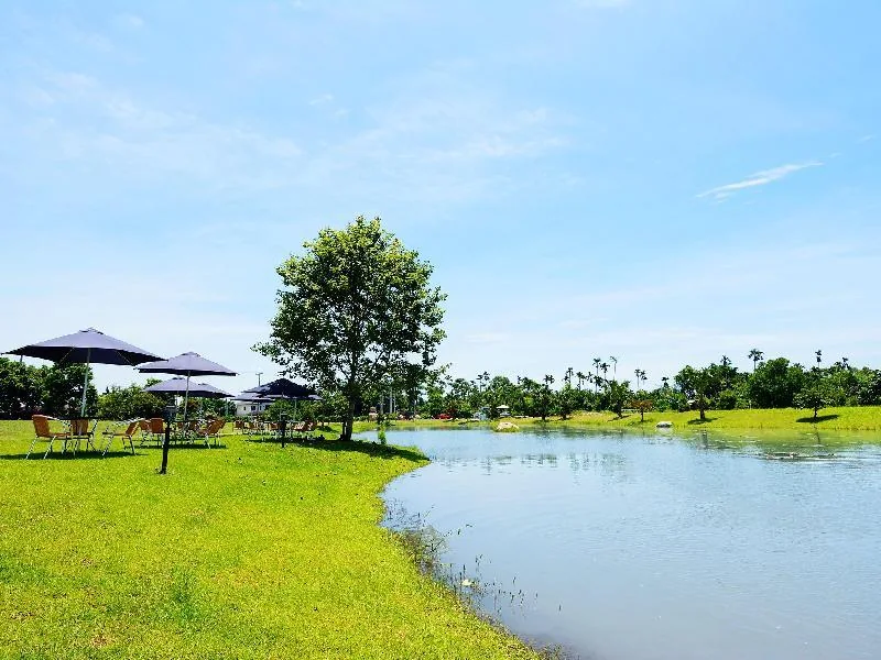 夏洛克湖邊草地、遮陽傘與戶外座位